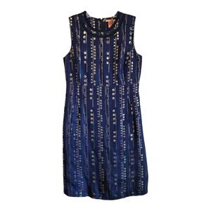 TORY BURCH Women’s 8 Sylvie Silk Dress Navy Blue Gold Metallic Dots Lined